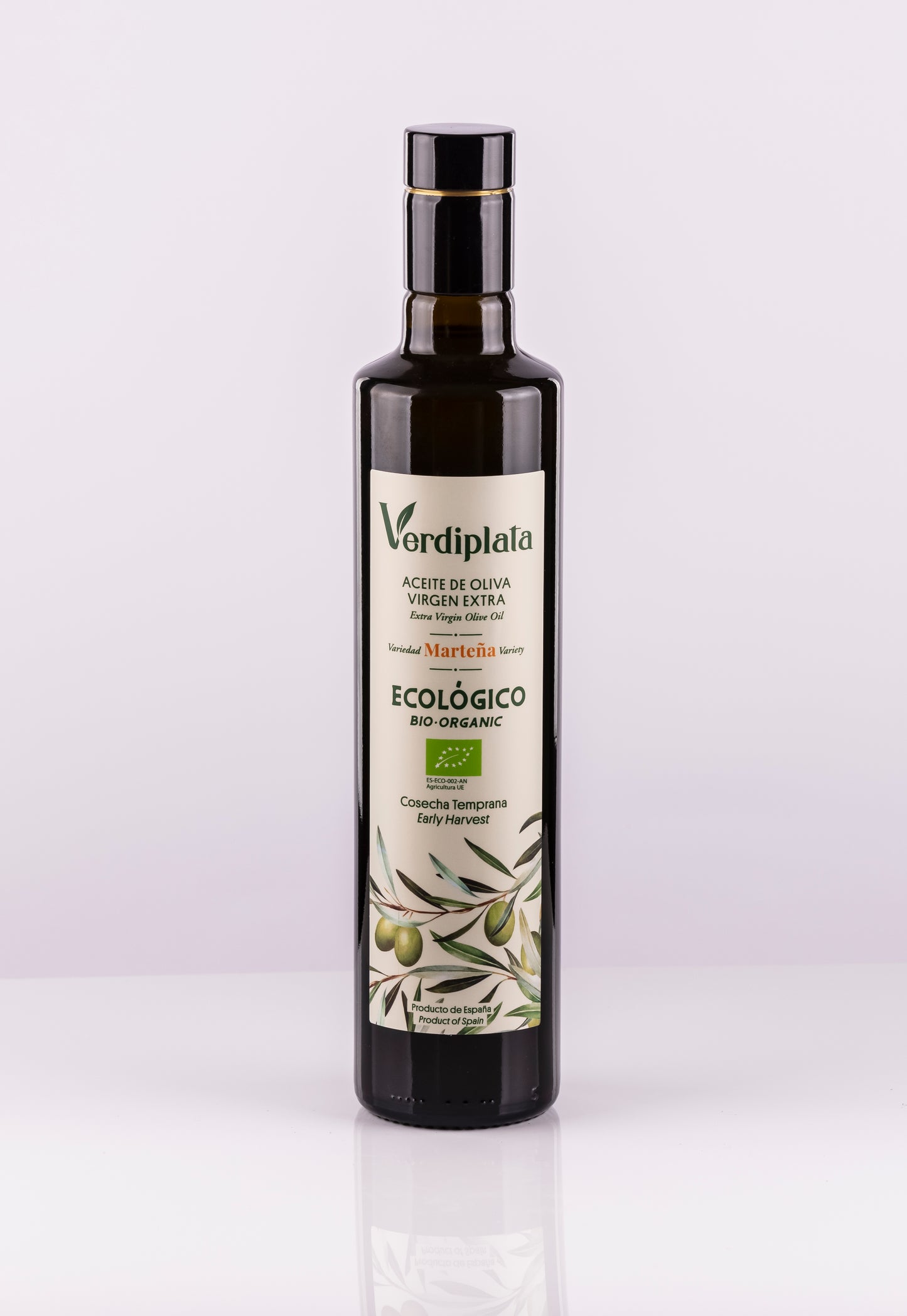 Botella 500ml AOVE Ecológico Verdiplata Con Estuche. Variedad Marteña