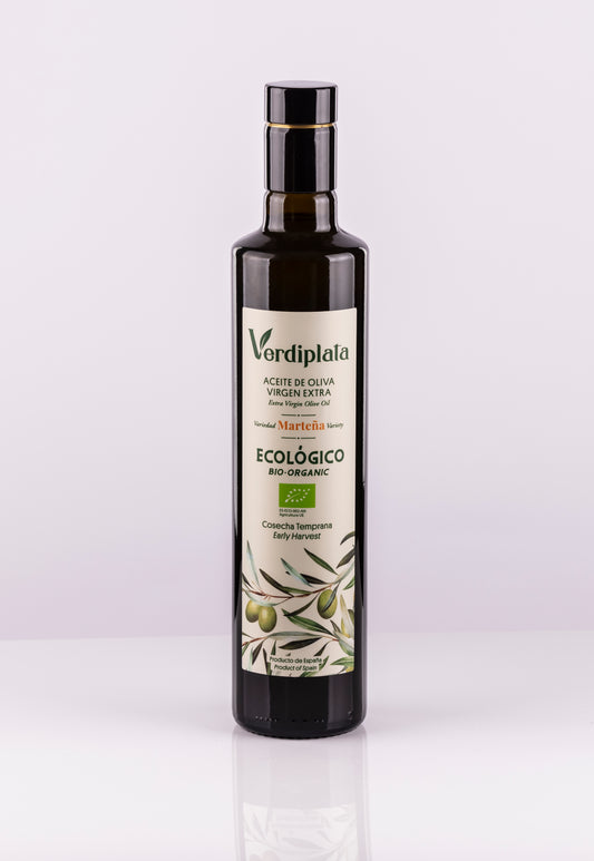 Botella 500ml AOVE Ecológico Verdiplata Con Estuche. Variedad Marteña