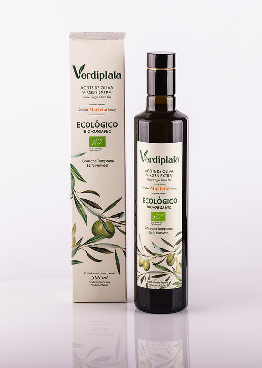 Botella 500ml AOVE Ecológico Verdiplata Con Estuche. Variedad Marteña